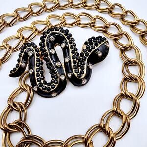 KJL Kenneth Jay Lane Snake Chain Belt Black Enamel Rhinestone Heavy Brass
